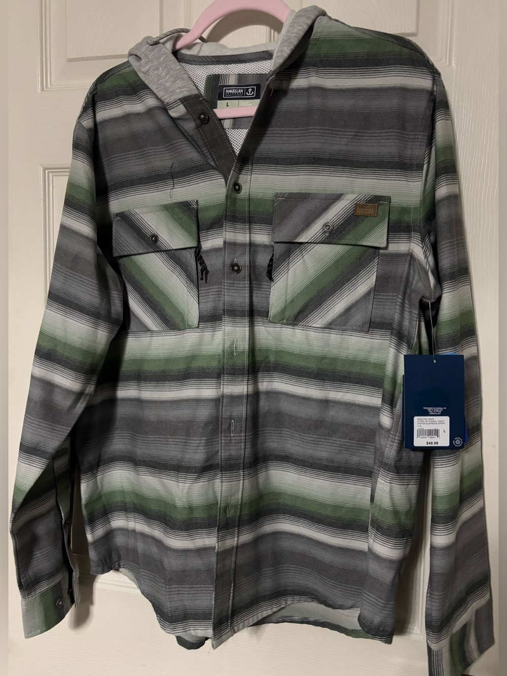Magellan Outdoors Hooded Plaid Shirt Jacket - Green, Gray, White